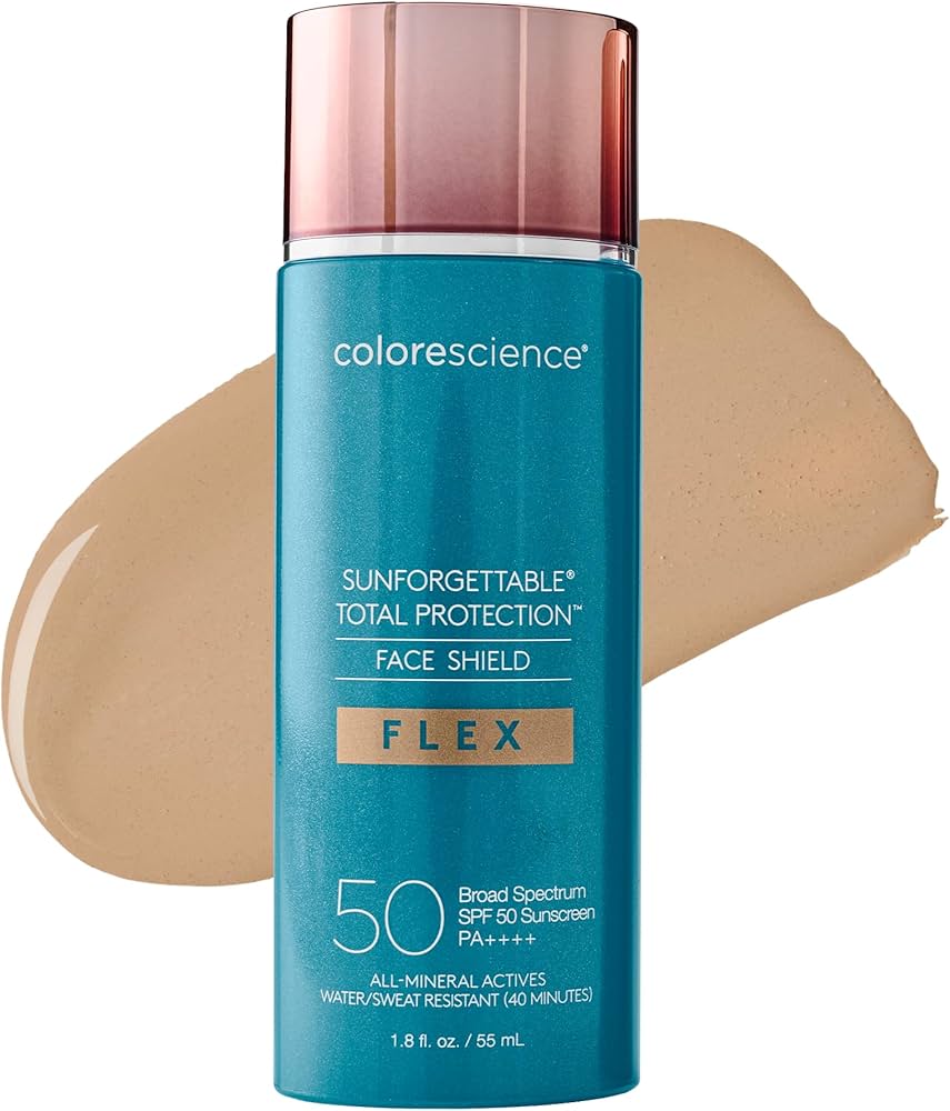 Turquoise Colorescience sunscreen bottle (SPF 50) with pink cap, labeled 'Face Shield FLEX' and a beige swatch behind it for context.