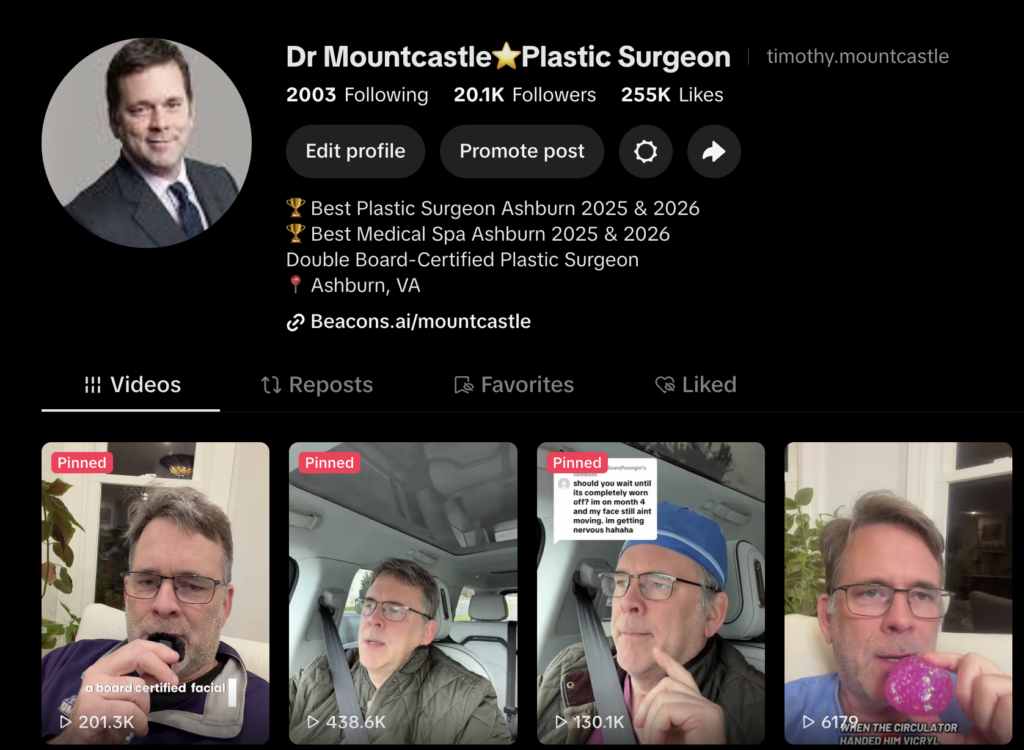 Screenshot 2026-09-20 at 83346 PM - Mountcastle Medical Spa and Laser Center Dr. Timothy Mountcastle celebrates reaching 20,000 followers on TikTok, a major social media milestone for the Northern Virginia plastic surgeon.